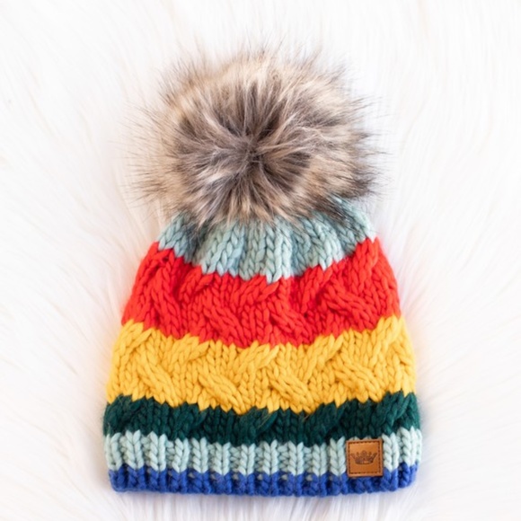 SOLD OUT Rainbow Cable Knit Fleece Lined Faux Fur Pompom Beanie Women's Hat - Picture 4 of 4
